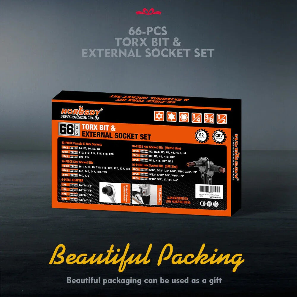 HORUSDY 66pc Torx Bit Socket Set Female External Impact Adapter