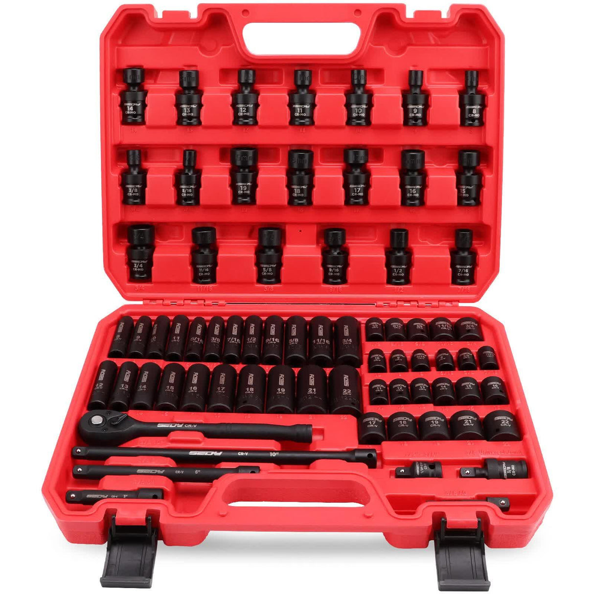 Complete mechanic socket wrench set with various black sockets and extensions in a red plastic case