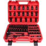 Complete mechanic socket wrench set with various black sockets and extensions in a red plastic case