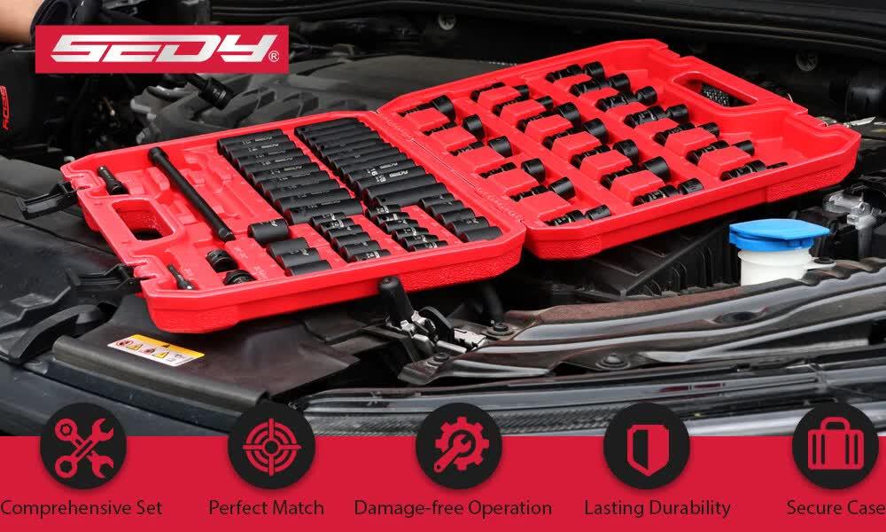 Red Sedy socket wrench set open on a car engine, showing organized sockets and tools in a durable case