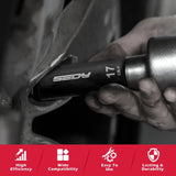 Hand using a 17mm CR-V impact socket wrench on a vehicle wheel lug nut, highlighting tool efficiency