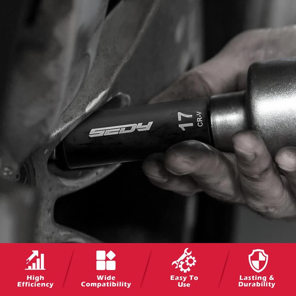 Hand using a 17mm CR-V impact socket wrench on a vehicle wheel lug nut, highlighting tool efficiency