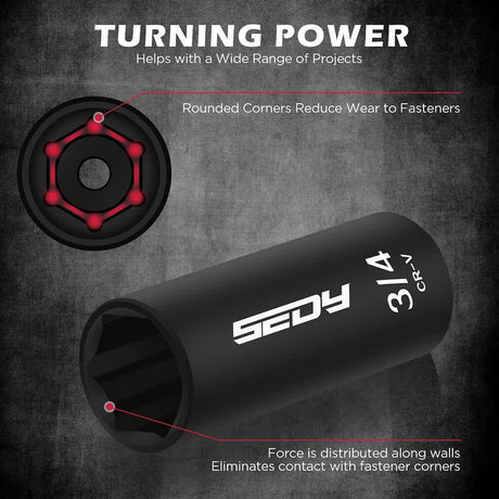 Sedy 3/4 CR-V socket with rounded corners reducing fastener wear and force distributed along walls