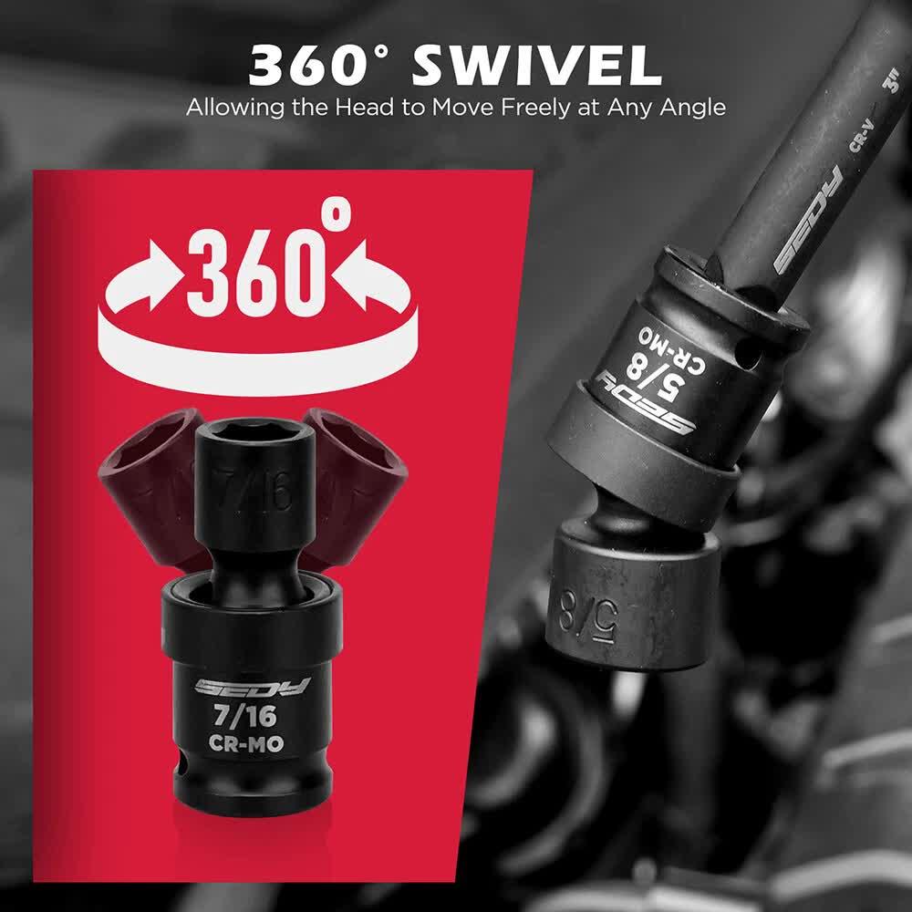 Black 7/16 and 5/8 CR-MO swivel socket tools with 360-degree rotation, designed for flexible angle access