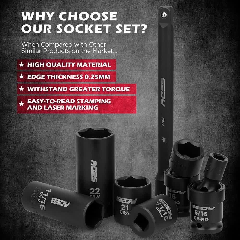 Set of black mechanic sockets and a breaker bar on gray background with socket set quality features text