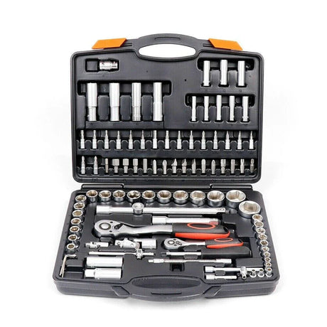 Complete ratchet socket wrench tool set in black case with red and black handles, assorted bit and socket sizes