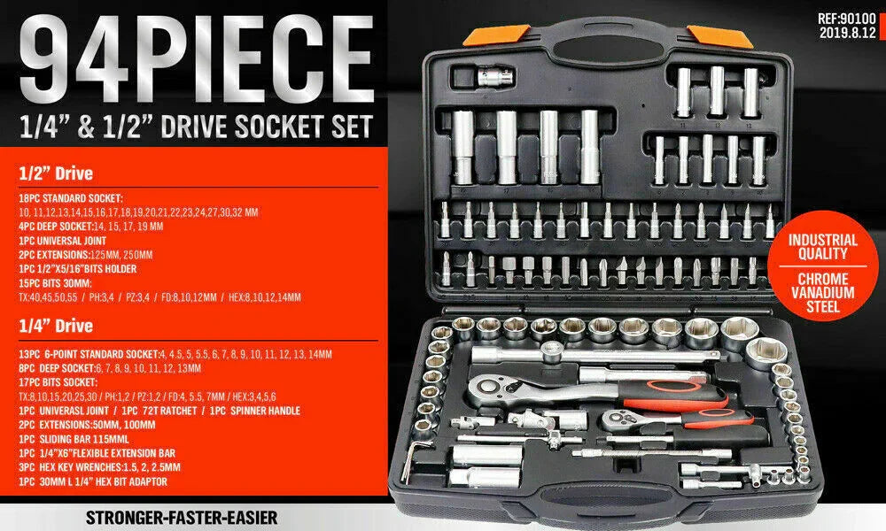 94-piece 1/4 and 1/2 inch drive socket set in black case with chrome vanadium steel sockets and ratchets