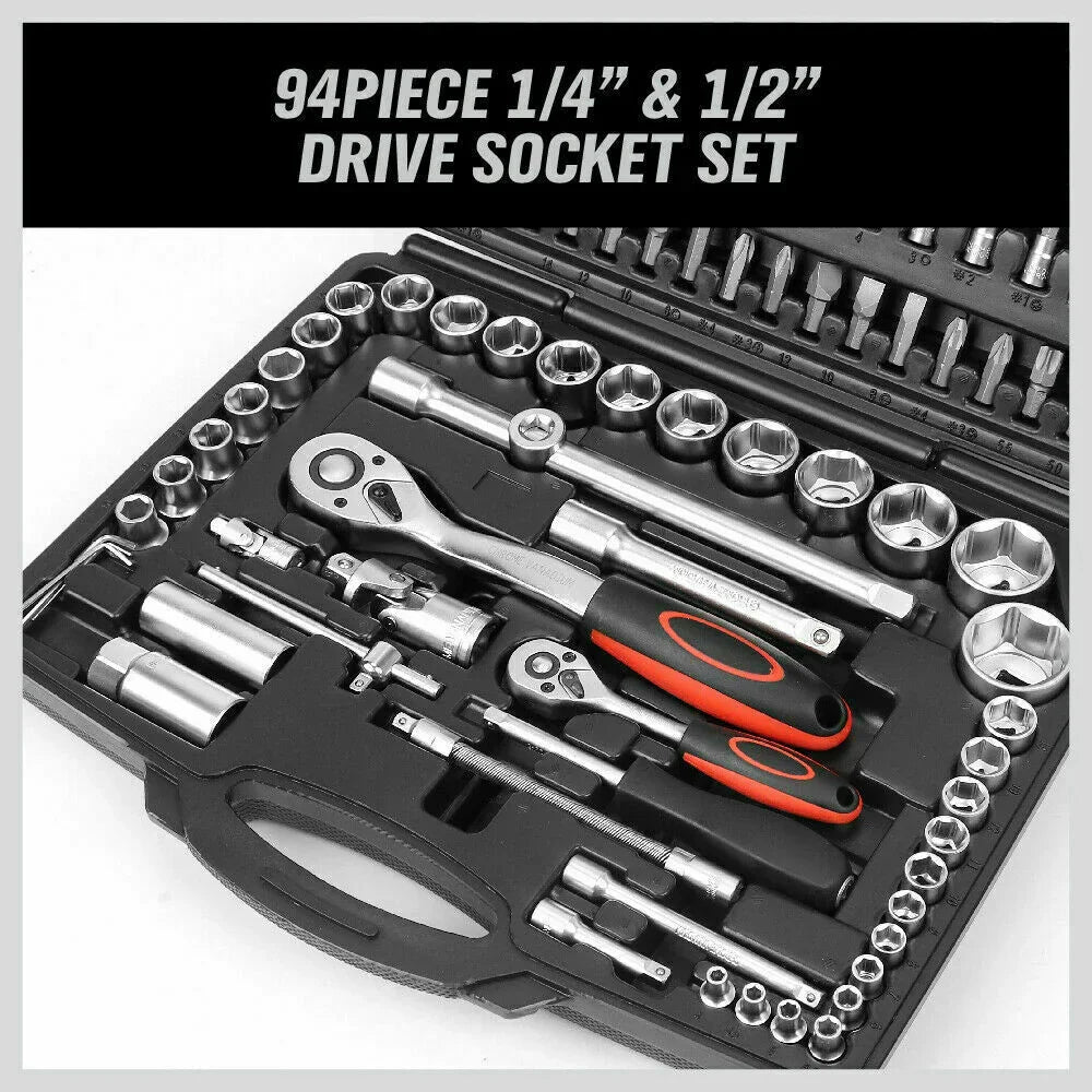 94-piece 1/4" and 1/2" drive socket set with ratchets and screwdriver handles in carrying case