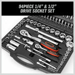 94-piece 1/4" and 1/2" drive socket set with ratchets and screwdriver handles in carrying case