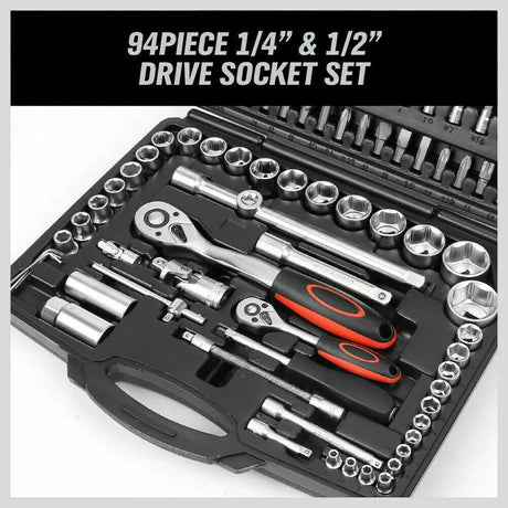 94-piece 1/4" and 1/2" drive socket set with ratchets and screwdriver handles in carrying case