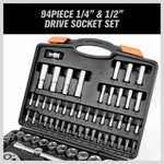 94-piece 1/4 and 1/2 inch drive socket set neatly organized in black case with orange latches