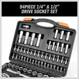 94-piece 1/4 and 1/2 inch drive socket set neatly organized in black case with orange latches