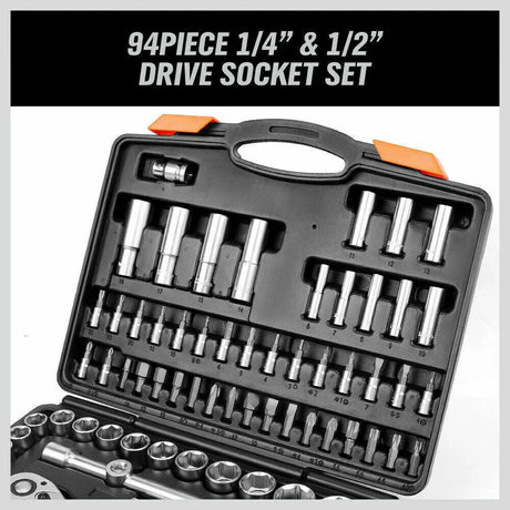 94-piece 1/4 and 1/2 inch drive socket set neatly organized in black case with orange latches