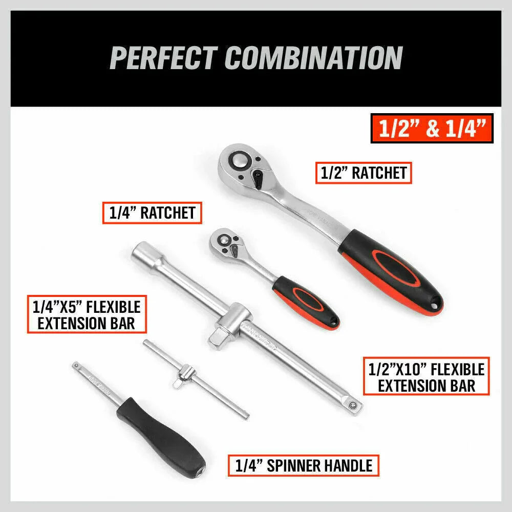 Set of 1/2 and 1/4 inch ratchets, flexible extension bars, and spinner handle on white background