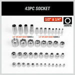 43-piece socket set with 1/2" and 1/4" drive deep and standard sockets in various sizes