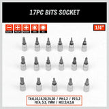 17-piece 1/4 inch bits socket set with slotted, Phillips, Pozidriv, Torx, and hex bits arranged in rows