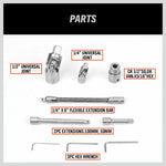 Socket wrench parts including 1/2" and 1/4" universal joints, flexible extension bar, extensions, and hex wrenches