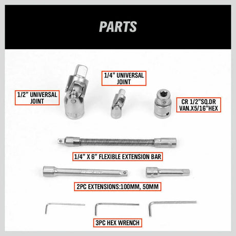 Socket wrench parts including 1/2" and 1/4" universal joints, flexible extension bar, extensions, and hex wrenches