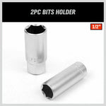 Two silver 2-piece 1/2-inch socket bits holder tools on white background