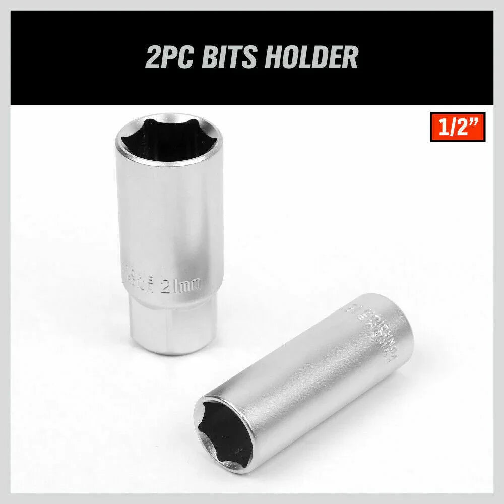 Two silver 2-piece 1/2-inch socket bits holder tools on white background