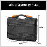 High strength black plastic suitcase with orange accents and dimensions 38cm x 31cm x 8cm