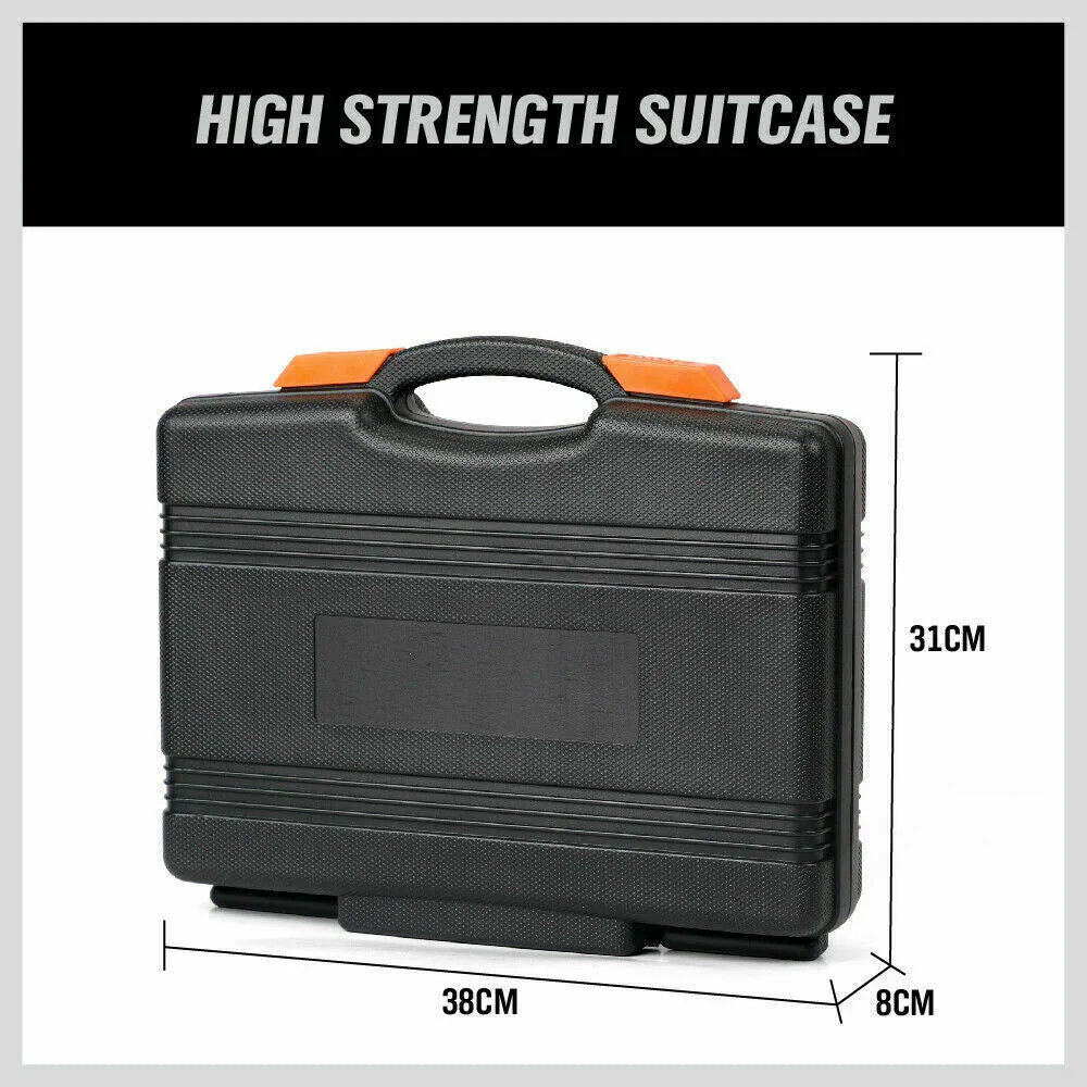 High strength black plastic suitcase with orange accents and dimensions 38cm x 31cm x 8cm