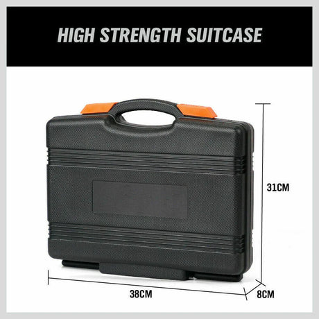 High strength black plastic suitcase with orange accents and dimensions 38cm x 31cm x 8cm