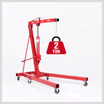 Red 2-ton engine hoist crane with adjustable arm, hydraulic jack, and swivel caster wheels on white background