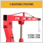 Red hydraulic engine hoist arm with 4 adjustable load positions from 0.5 to 2 tons and metal hook