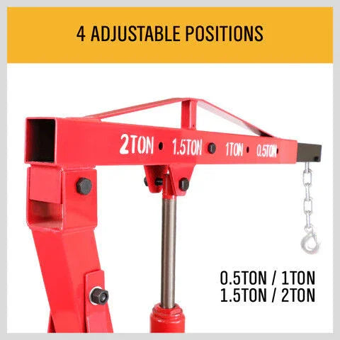 Red hydraulic engine hoist arm with 4 adjustable load positions from 0.5 to 2 tons and metal hook