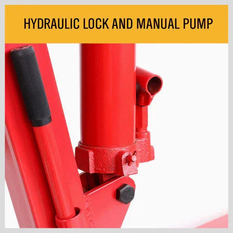 Close-up of red hydraulic lock and manual pump mechanism with black handle grip on white background