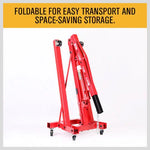 Foldable red engine hoist with wheels for easy transport and space-saving storage