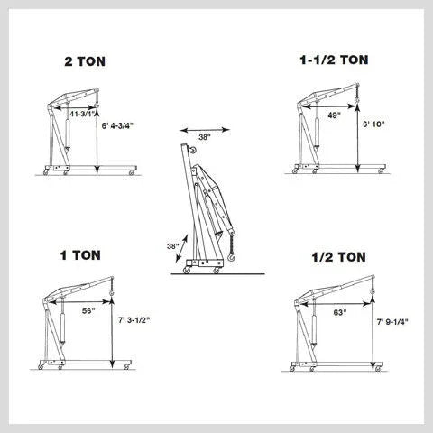 Technical diagram showing dimensions and capacities of 2-ton, 1-1/2 ton, 1 ton, and 1/2 ton engine hoists with measurements in inches.