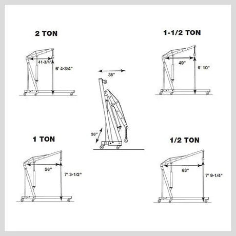 Technical diagram showing dimensions and capacities of 2-ton, 1-1/2 ton, 1 ton, and 1/2 ton engine hoists with measurements in inches.