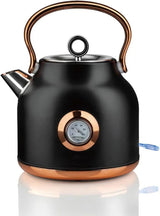 Black electric kettle with copper handle and base, featuring a front temperature gauge in Celsius