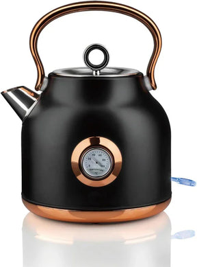 Black electric kettle with copper handle and base, featuring a front temperature gauge in Celsius