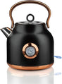 Black electric kettle with copper handle and base, featuring a front temperature gauge in Celsius
