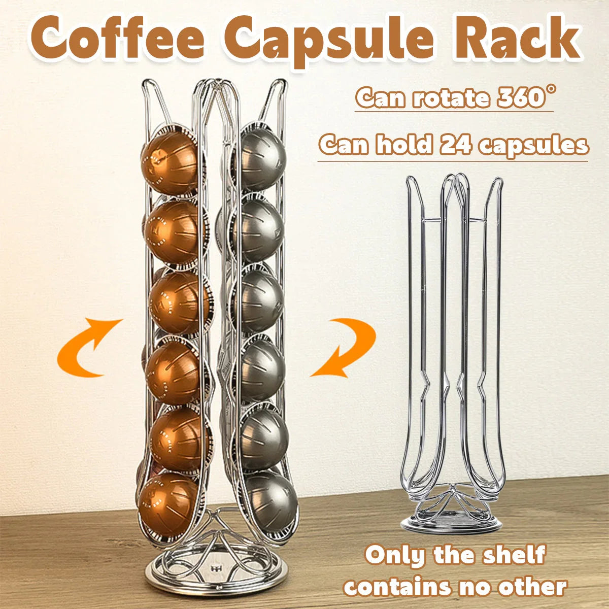 Rotating chrome coffee capsule rack holding 24 capsules, designed for Nespresso pods