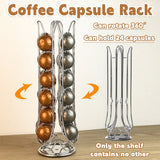 Rotating chrome coffee capsule rack holding 24 capsules, designed for Nespresso pods