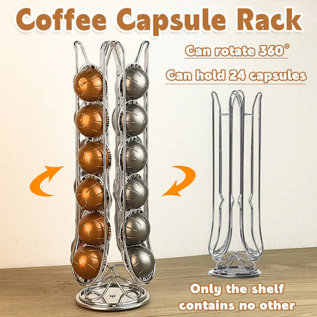 Rotating chrome coffee capsule rack holding 24 capsules, designed for Nespresso pods