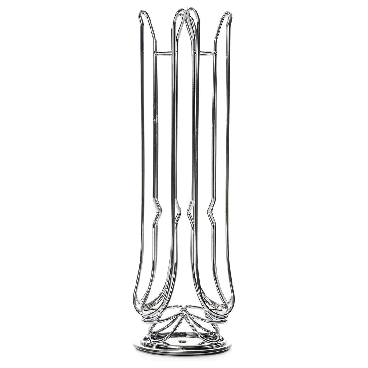 Chrome metal coffee pod holder organizer with vertical slots on white background