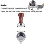 Coffee tamper with wooden handle measuring 51mm diameter for espresso basket fit check