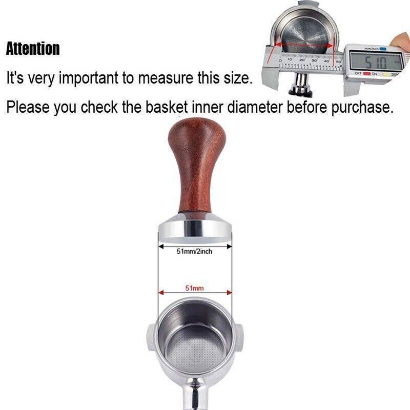 Coffee tamper with wooden handle measuring 51mm diameter for espresso basket fit check
