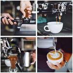 Collage of coffee making: tamping espresso grounds, espresso shot extraction, steaming milk, and latte art pouring