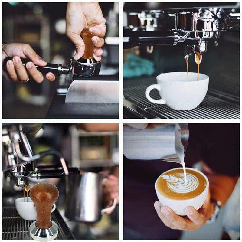 Collage of coffee making: tamping espresso grounds, espresso shot extraction, steaming milk, and latte art pouring