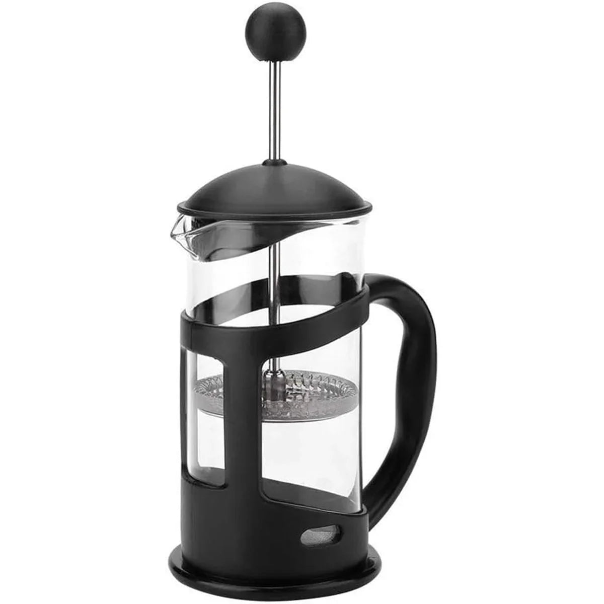 Black and clear glass French press coffee maker with plunger and ergonomic handle