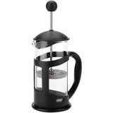 Black and clear glass French press coffee maker with plunger and ergonomic handle