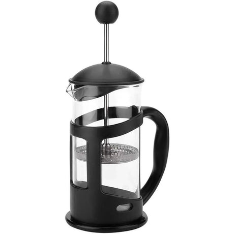 Black and clear glass French press coffee maker with plunger and ergonomic handle