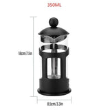 350ml black French press coffee maker with glass body, 18cm height and 8.5cm diameter
