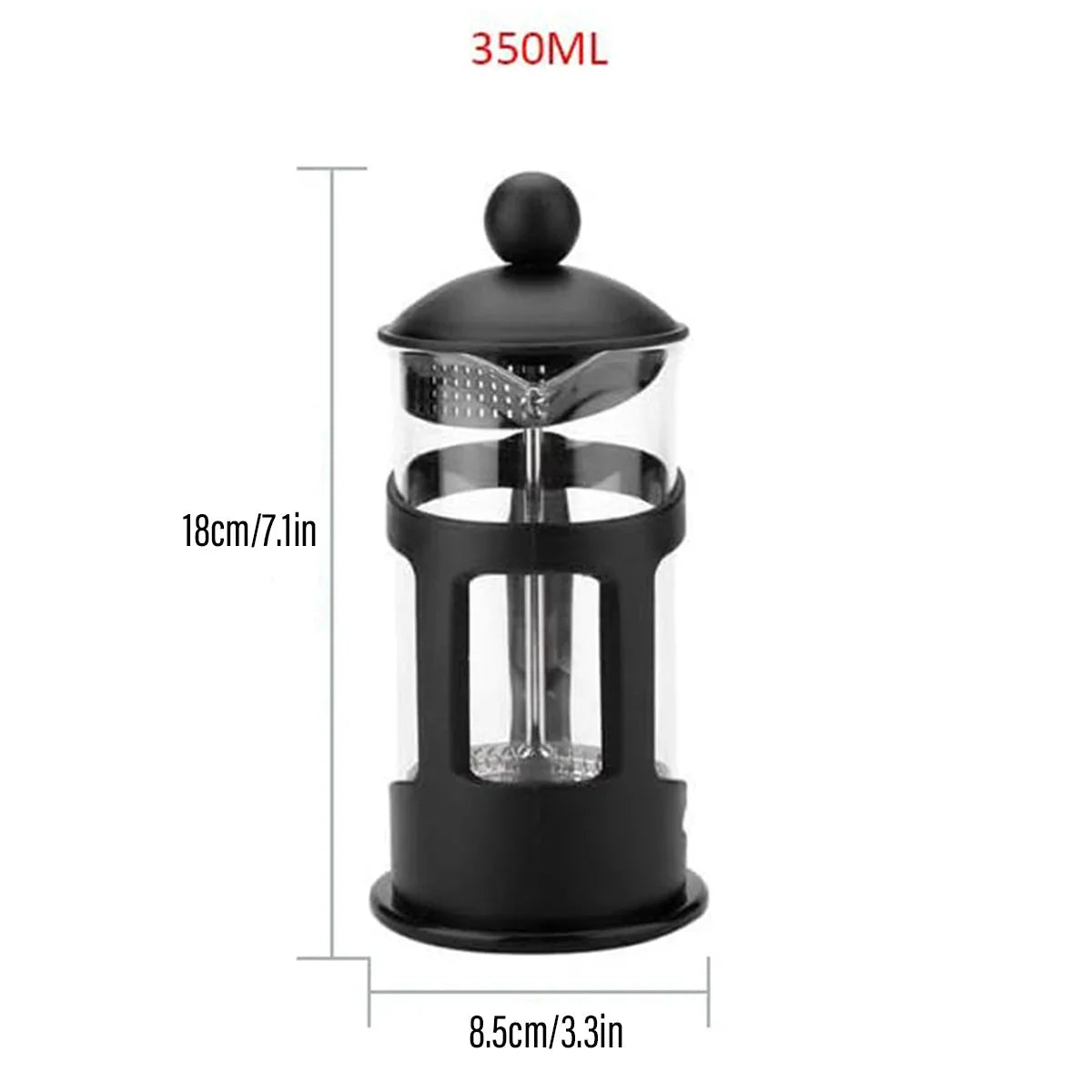 350ml black French press coffee maker with glass body, 18cm height and 8.5cm diameter